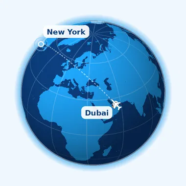 Animated globe showing a plane flying the route from Dubai to New York
